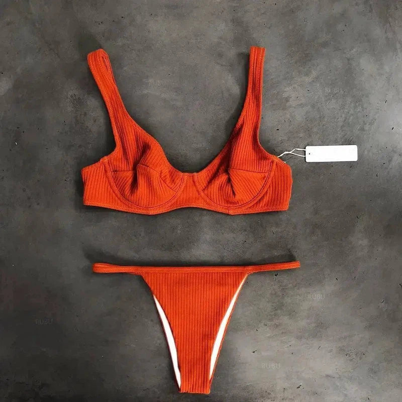 European and American underwire solid color bikini-Caramel-6