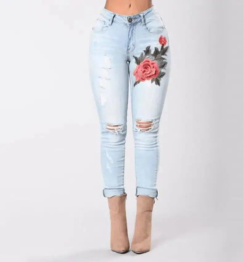Fashion Hole Embroidered High-elastic Jeans Women's Trousers-1