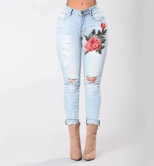 Fashion Hole Embroidered High-elastic Jeans Women's Trousers-1