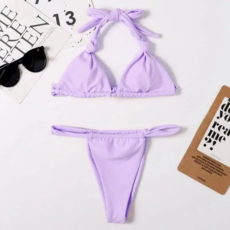 Fashion Solid Color Bikini Ladies Multi-Color Split Swimsuit-Purple-6