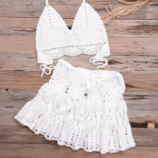 Fashionable Modern Hand-woven Beach Vacation Strappy Bikini-White-1