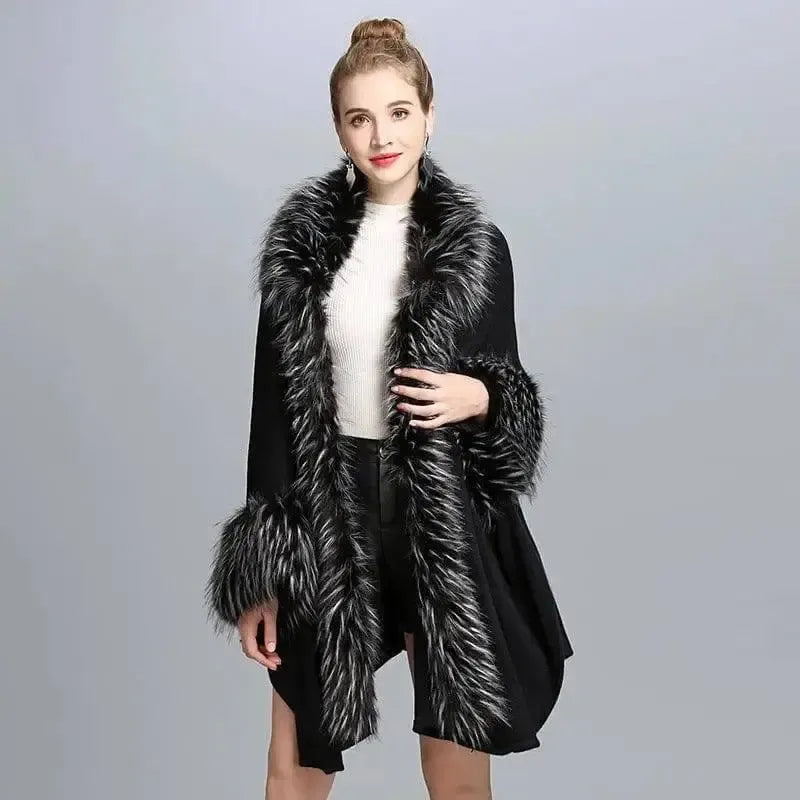 Faux Fur Cape Cape Women's Coat-Black-3