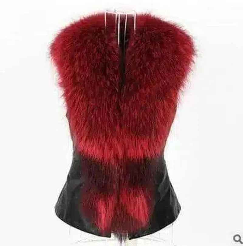 Faux Fur Vest And Fur Coat Short Raccoon Fur Collar Vest-Red wine-3