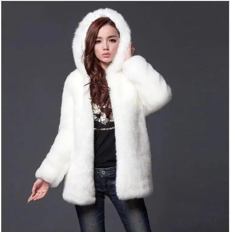 Faux fur women's hooded coat mid-length coat-White-2