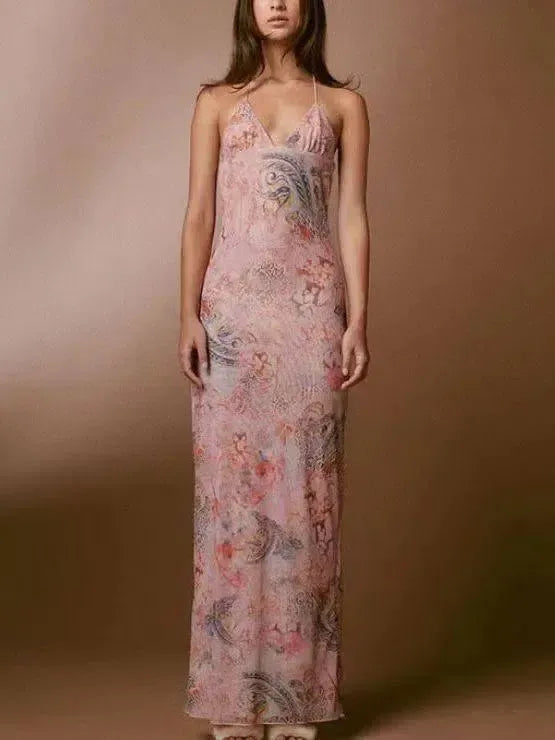 Floral Print Halter Spaghetti Straps Dress Slim Butterfly Back Dressess Spring Summer Womens Clothing-7