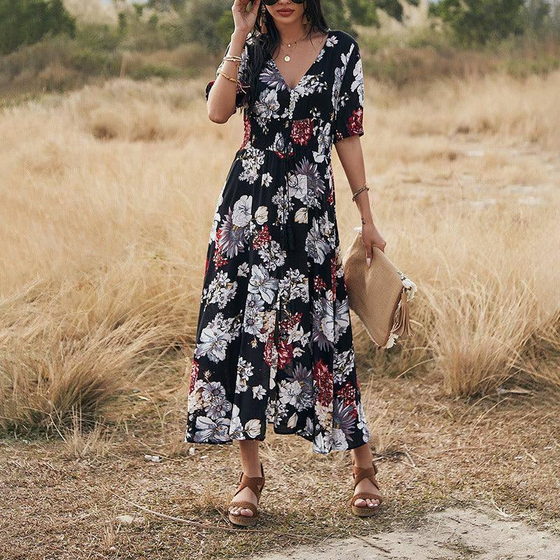 Floral Summer Beach Dress With V Neck Elastic Waist Dresses For Women-5