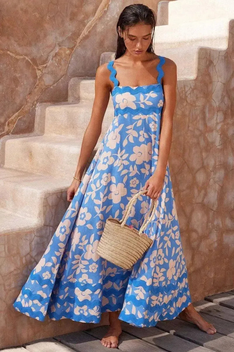 Flowers Print Wavy Pattern Suspender Long Dress For Women Fashion A-Line Beach Dresses Womens Clothing-Light Blue-4