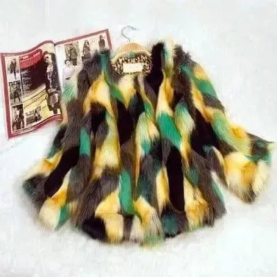 Fox fur round collarless short coat-Green yellow-12