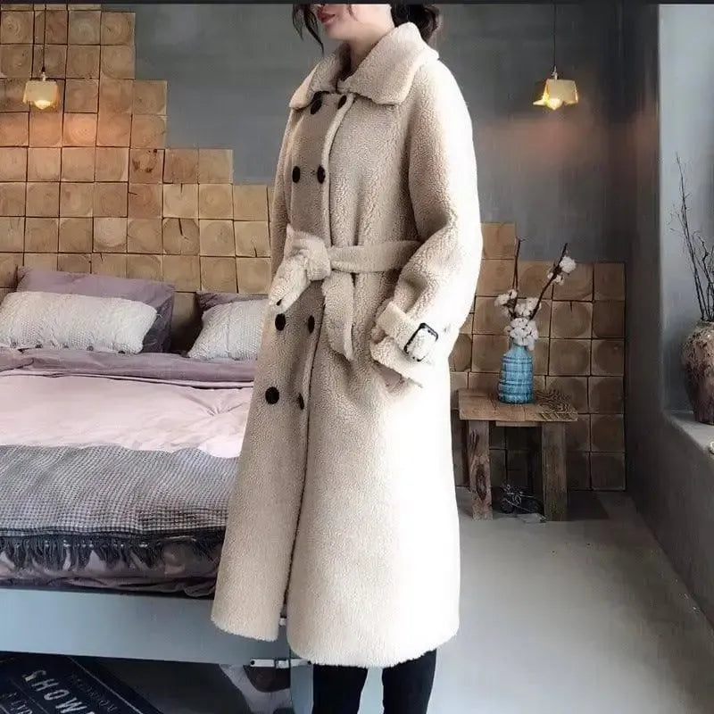 Fur Coat Women's Sheep Shearling Medium And Long Dream Grain-Beige-4