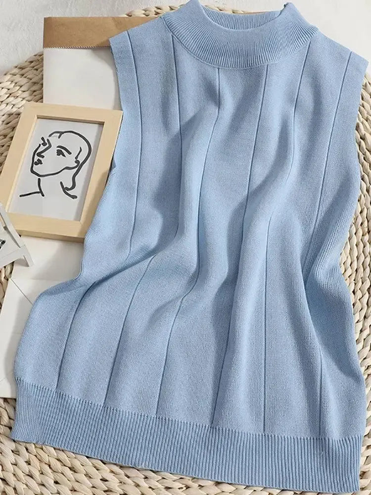 Heilar Spring Women Knitted Green Tank Tops Women Thin-BLUE-13