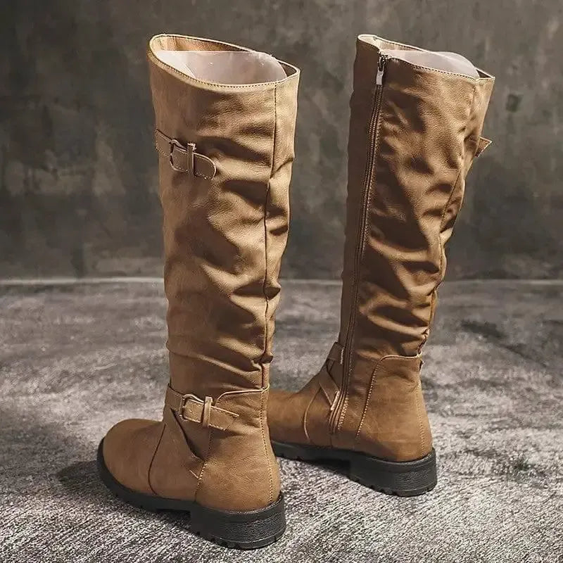 High Boots Women Retro One-Step Boots Round Toe Thick Heel-2