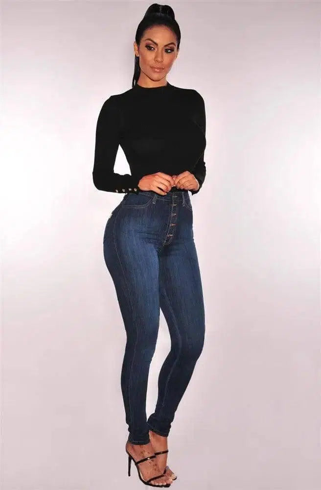 High-waist stretch slim denim pants-Blueblack-17