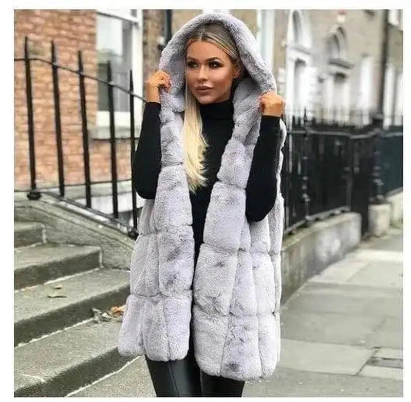 Hooded fur vest-Light grey-3