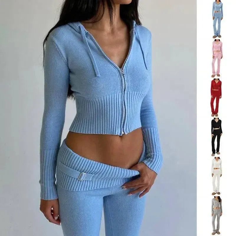 Hoodie Suit Women Leisure Zip Long Sleeve Sweater And High Waist Long Pants Set-1