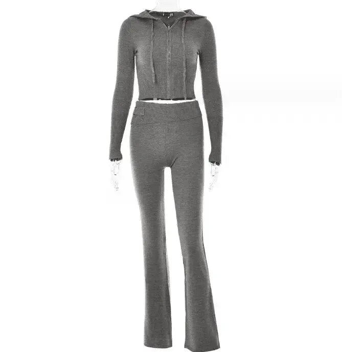 Hoodie Suit Women Leisure Zip Long Sleeve Sweater And High Waist Long Pants Set-Grey suit-12