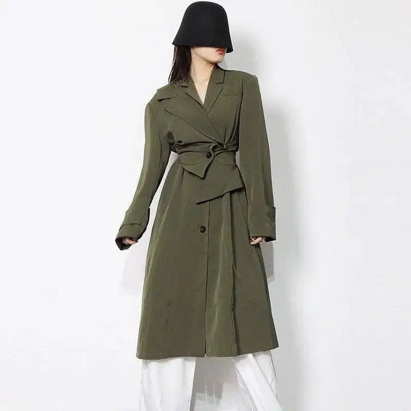 Irregular-panel Single-breasted Lapel Long Coat-1