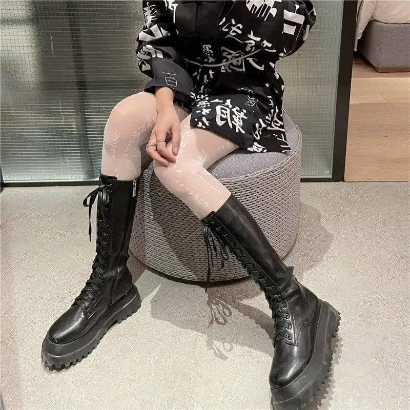 Japanese Personality Letters Dark Thin Stockings Women-White-2