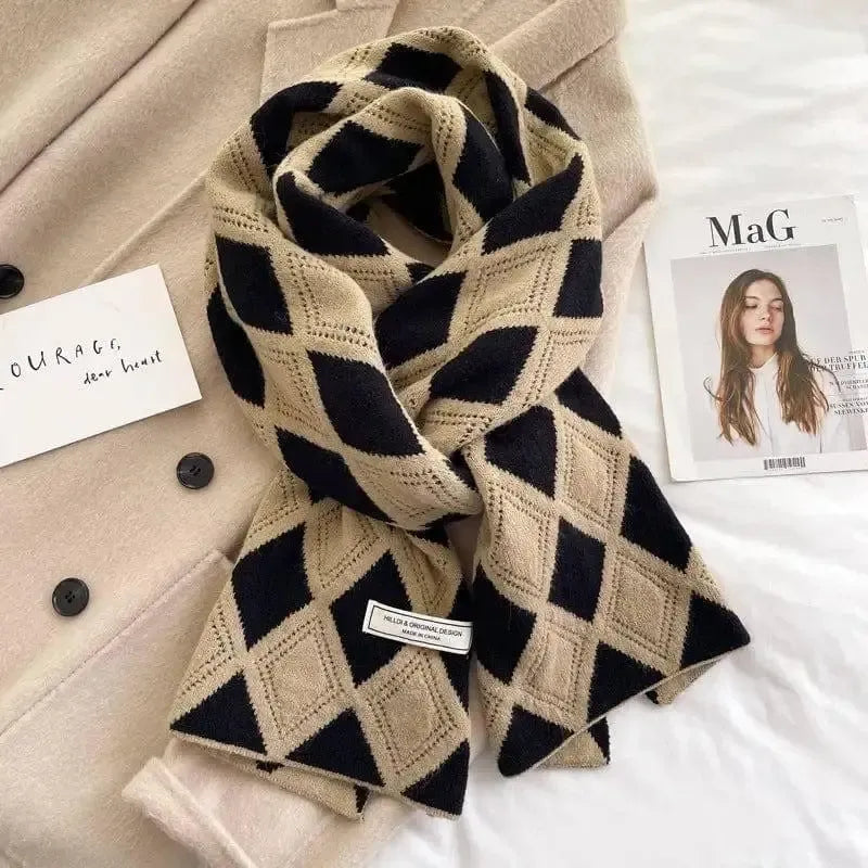 Knitted Wool Small Scarf Women Camel Rhombus Thickened Warm-5