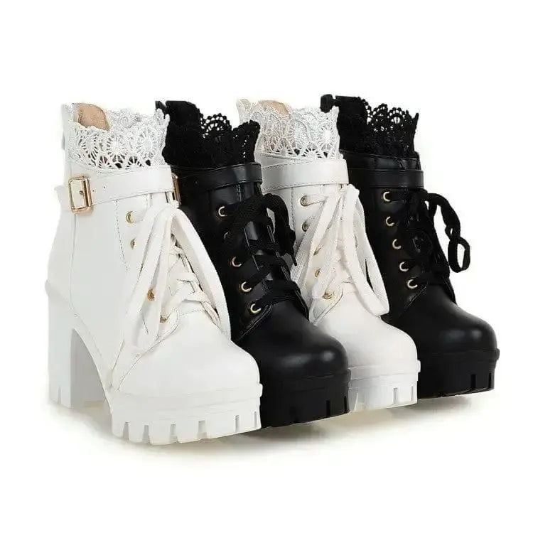 Lace Ankle Boots Lace-up Square Heeled Shoes Women White-5