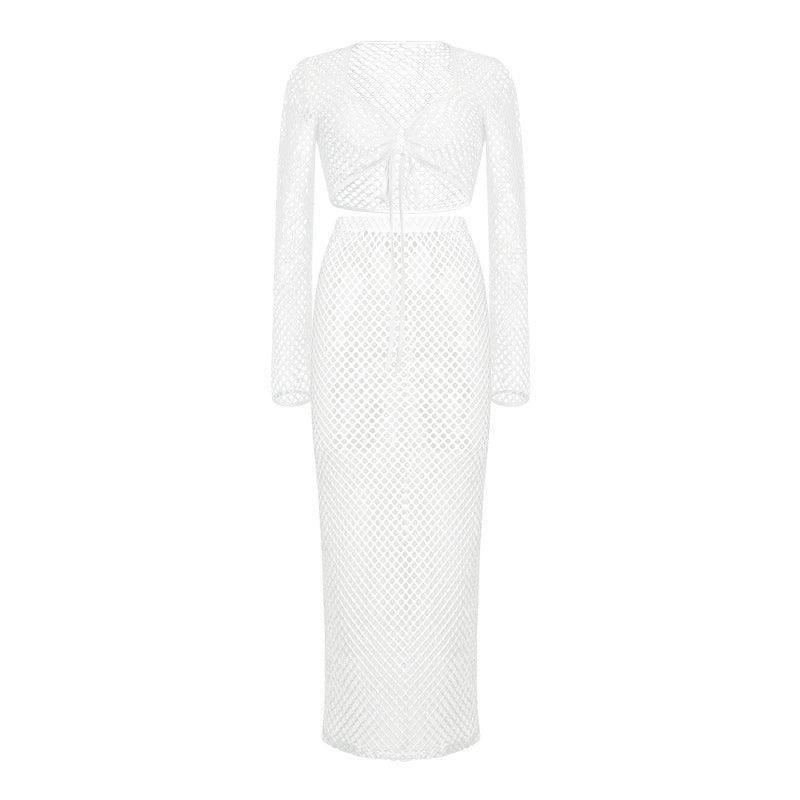 Lace Long Sleeve Narrow Casual Knitted Maxi Dress Suit-2