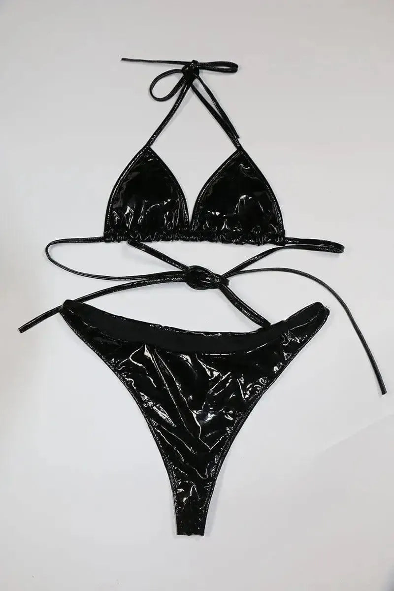 Lace-up Swimsuit Bikini Two-piece Set-Black-2