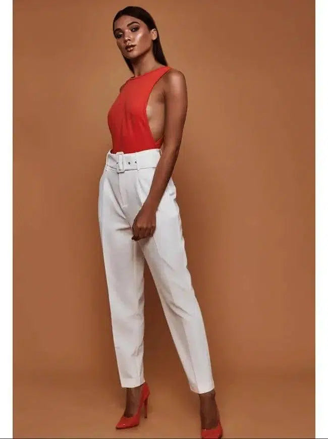 ladies autumn casual pants high waist solid color nine-White-10