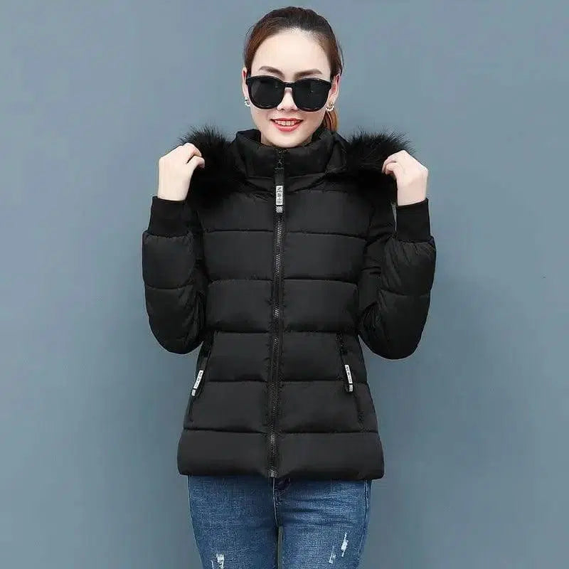 Ladies large fur collar padded down jacket-Black-5