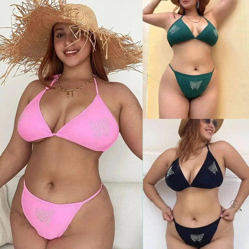 Ladies Solid Color Plus Size Rhinestone Lace-Up Swimsuit-1