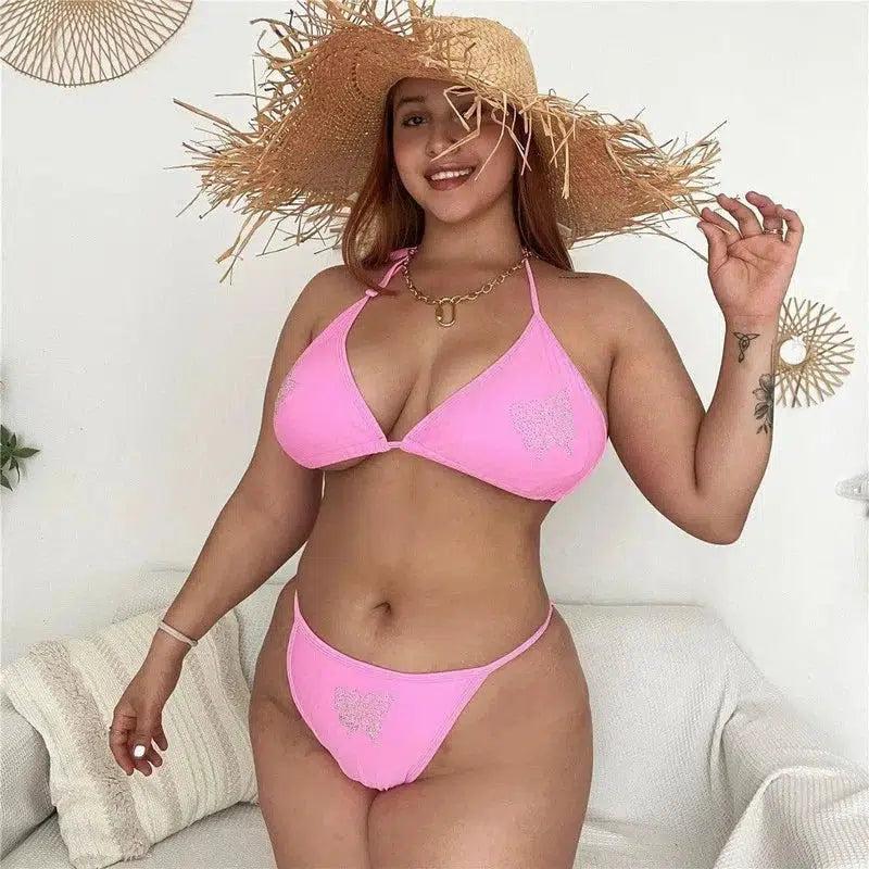 Ladies Solid Color Plus Size Rhinestone Lace-Up Swimsuit-Pink-2