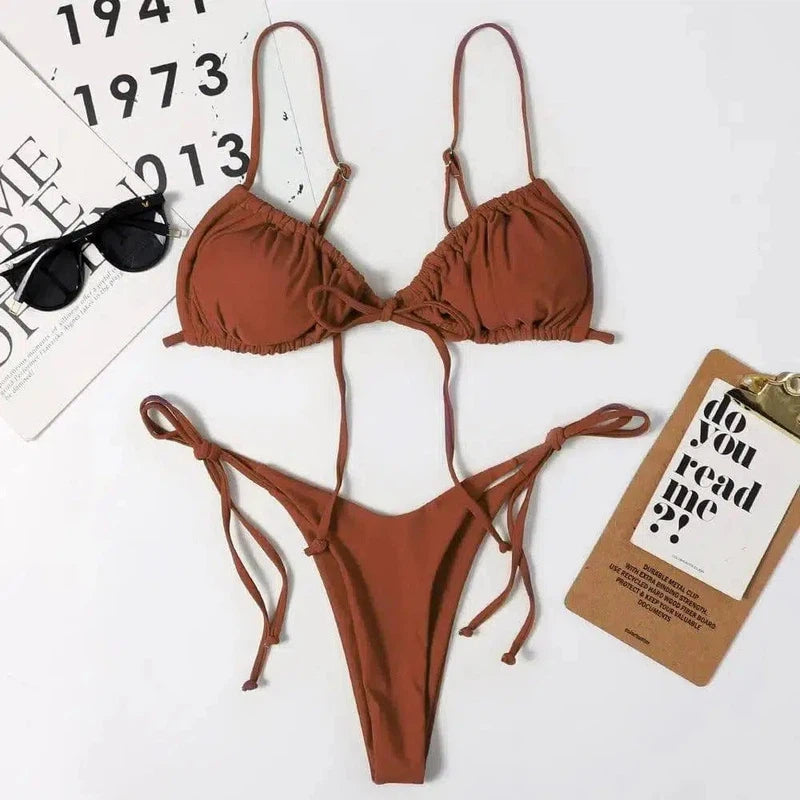 Ladies Swimsuit Solid Color Split Drawstring Thong-Coffee-10