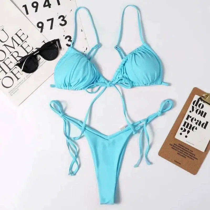 Ladies Swimsuit Solid Color Split Drawstring Thong-Skyblue-12
