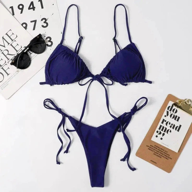 Ladies Swimsuit Solid Color Split Drawstring Thong-Navyblue-4