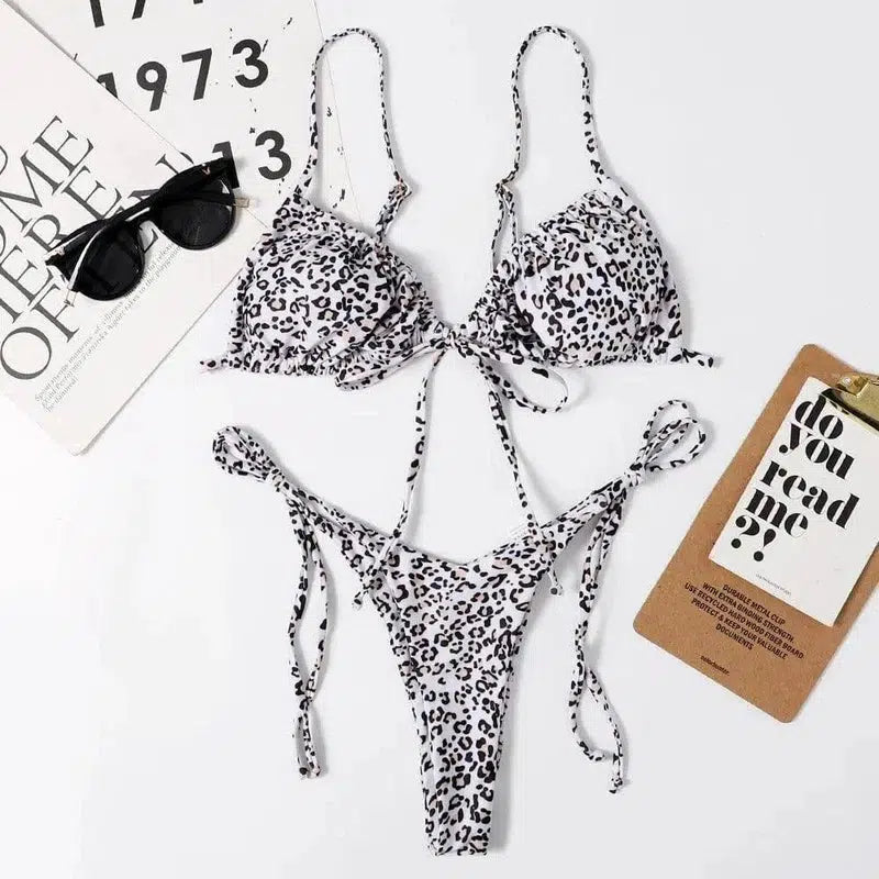 Ladies Swimsuit Solid Color Split Drawstring Thong-Lightleopardspots-6