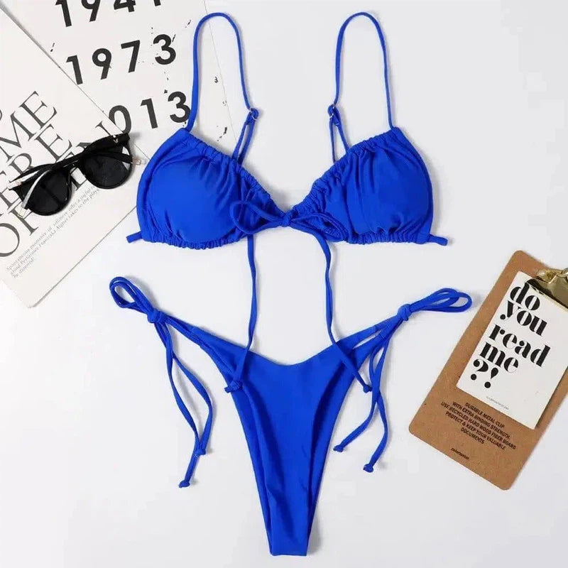 Ladies Swimsuit Solid Color Split Drawstring Thong-Blue-7