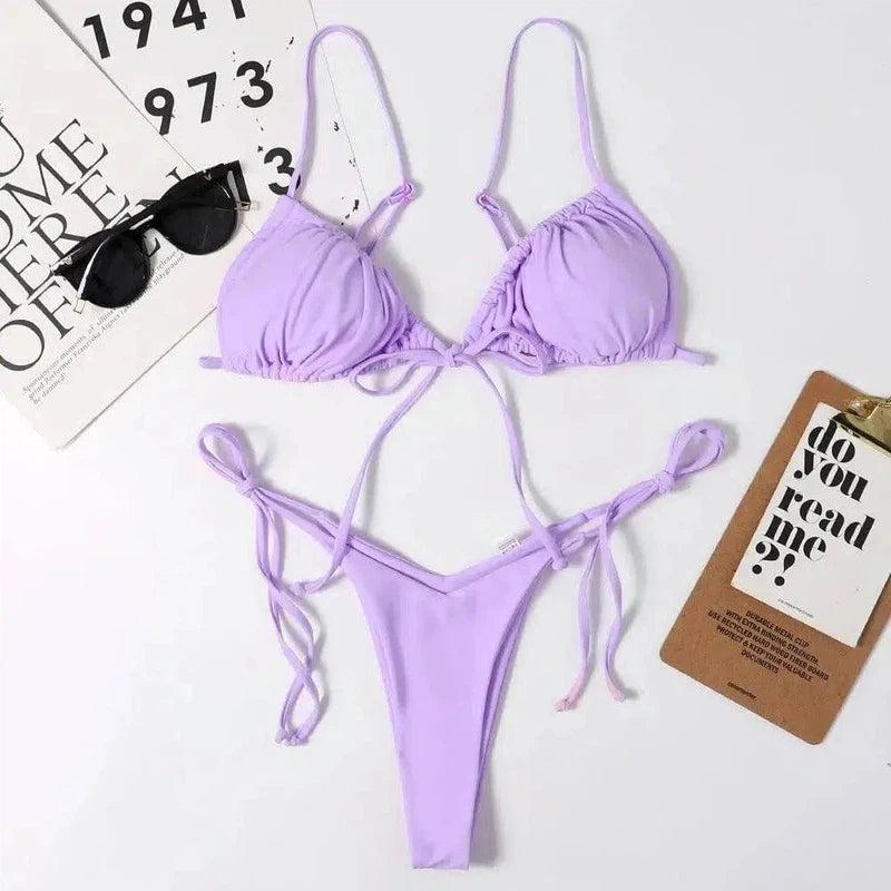 Ladies Swimsuit Solid Color Split Drawstring Thong-Purple-9