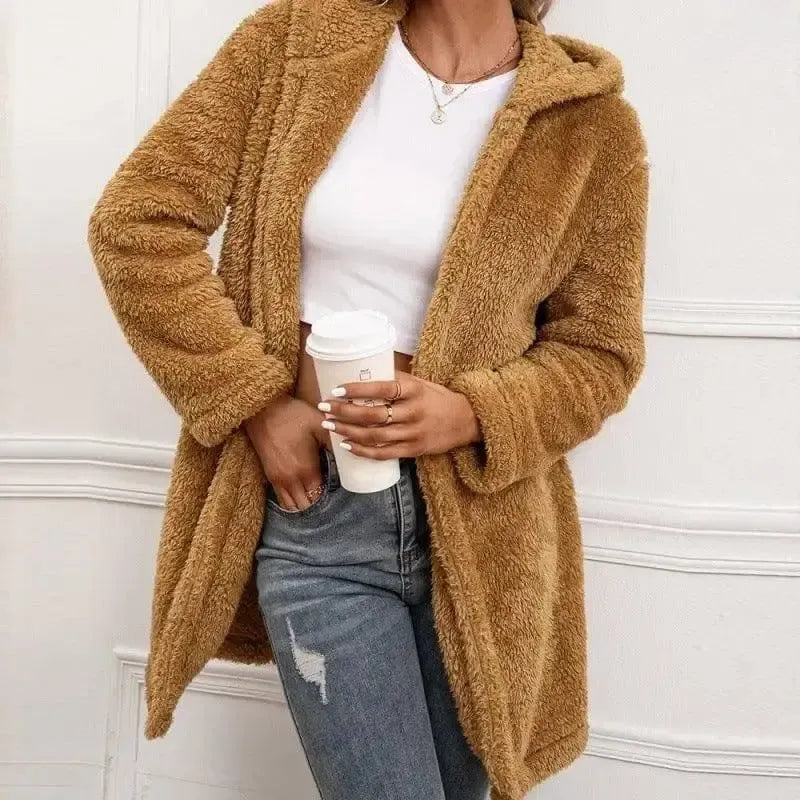 Lamb Wool Mid-length Cardigan Hooded Trench Coat-Khaki-2