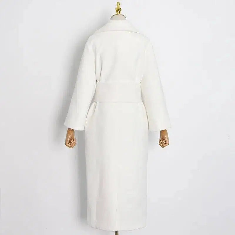 Lapel Waist White Mid-length Woolen Coat-5