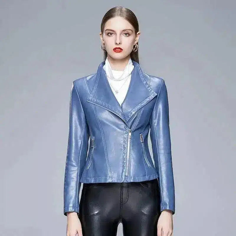 Women's Fitted Leather Jacket with Zip Pockets-Blue-3