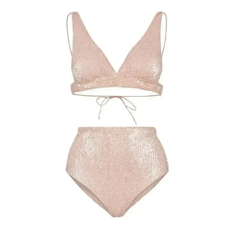 Light luxury sequin split bikini swimsuit-Apricot-3