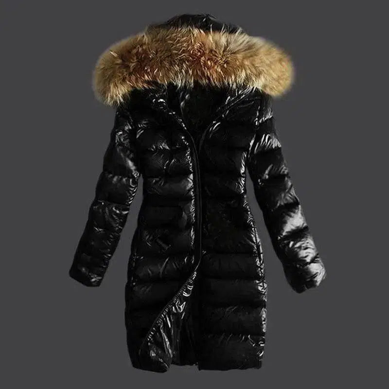 Long Quilted Jacket With Fur Collar And Raccoon Fur-Black-1