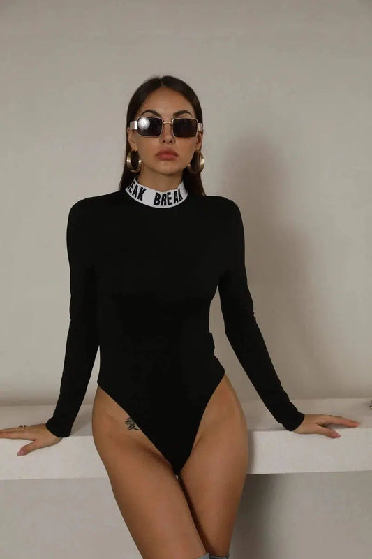 Long Sleeve Bottoming Letter Collar Turtleneck Jumpsuit-Black-1