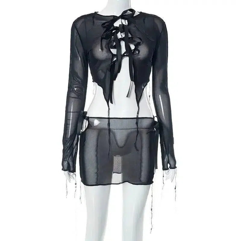 Long Sleeve Tie Two Piece Skirt Set-3