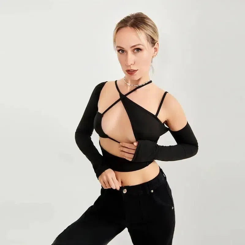 Long Sleeve Top Cut Out Asymmetrical Neck-3