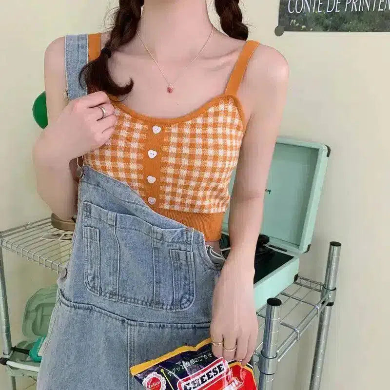 Buttoned Knit Crop Top for Casual Wear-Yellow-2