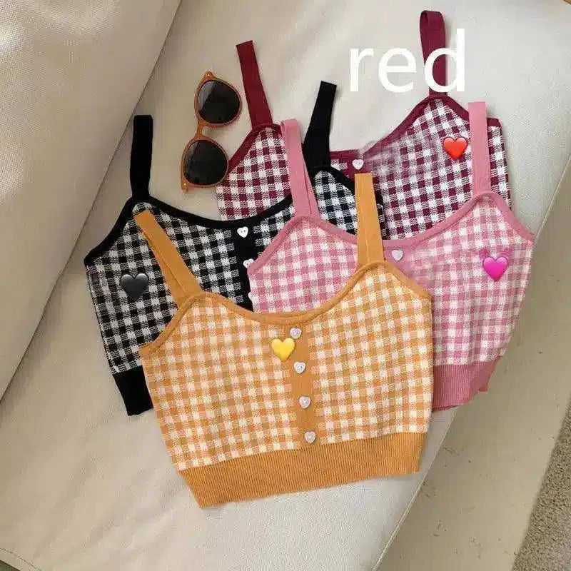 Buttoned Knit Crop Top for Casual Wear-Red-3