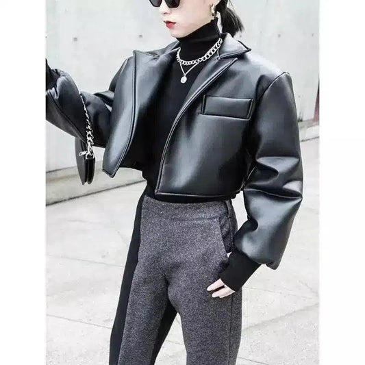 Women's Cropped Leather Jacket with Pocket-1