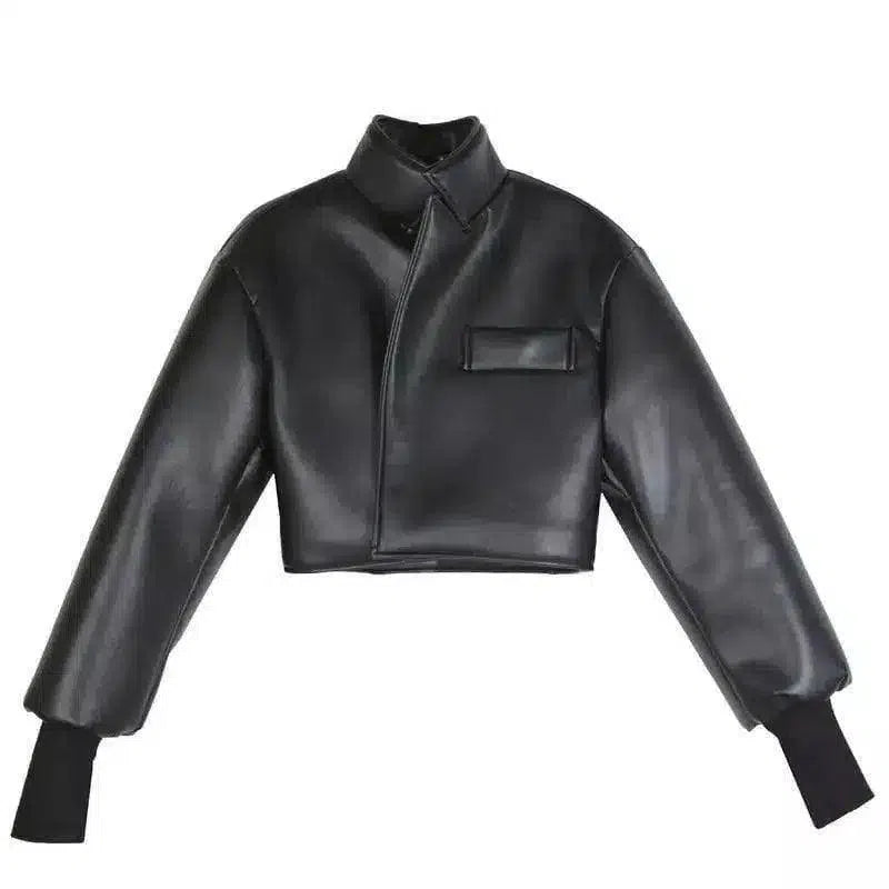 Women's Cropped Leather Jacket with Pocket-Black-2