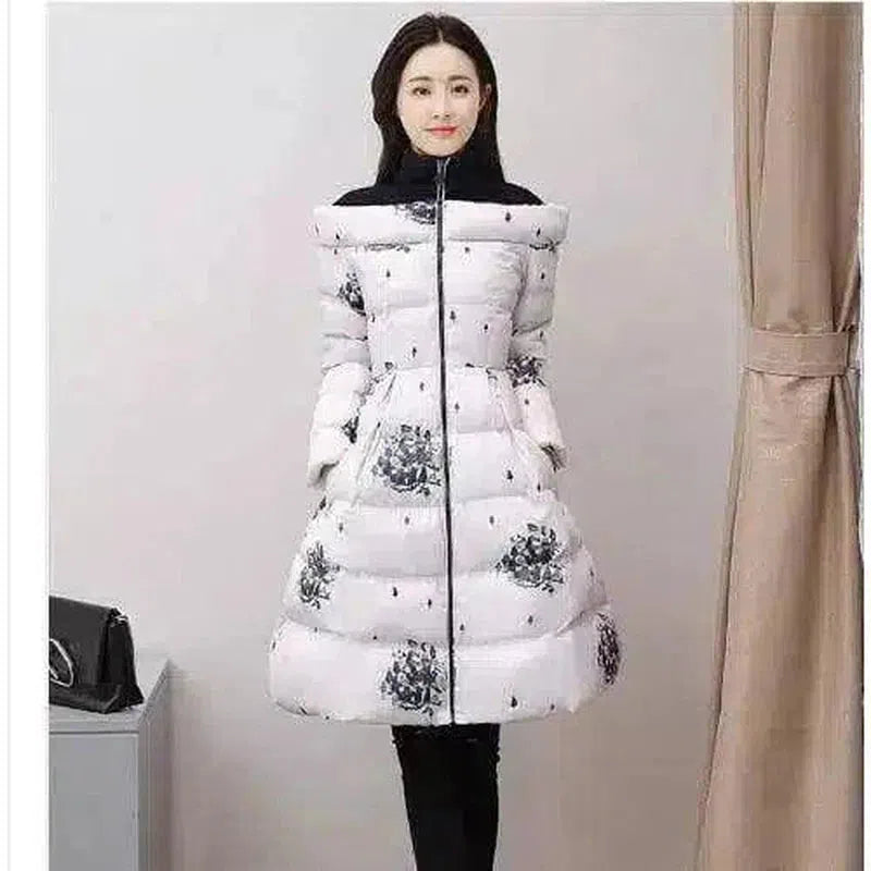 Women's Floral Quilted Winter Coat-White-2
