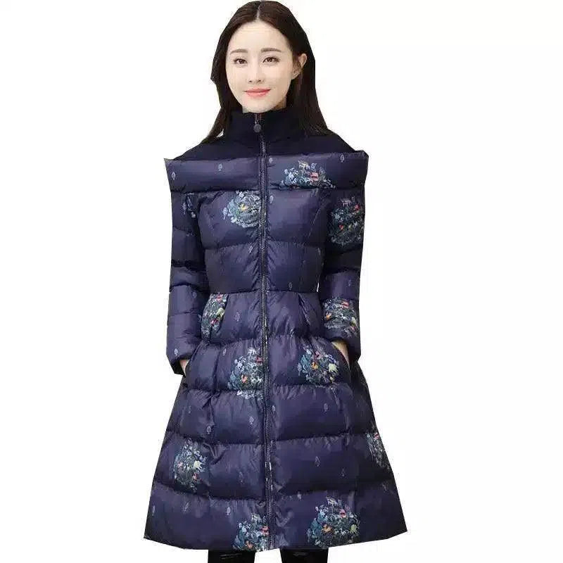 Women's Floral Quilted Winter Coat-Blue-3