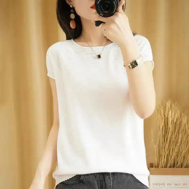 Women's Short Sleeve Knit Top-White-2